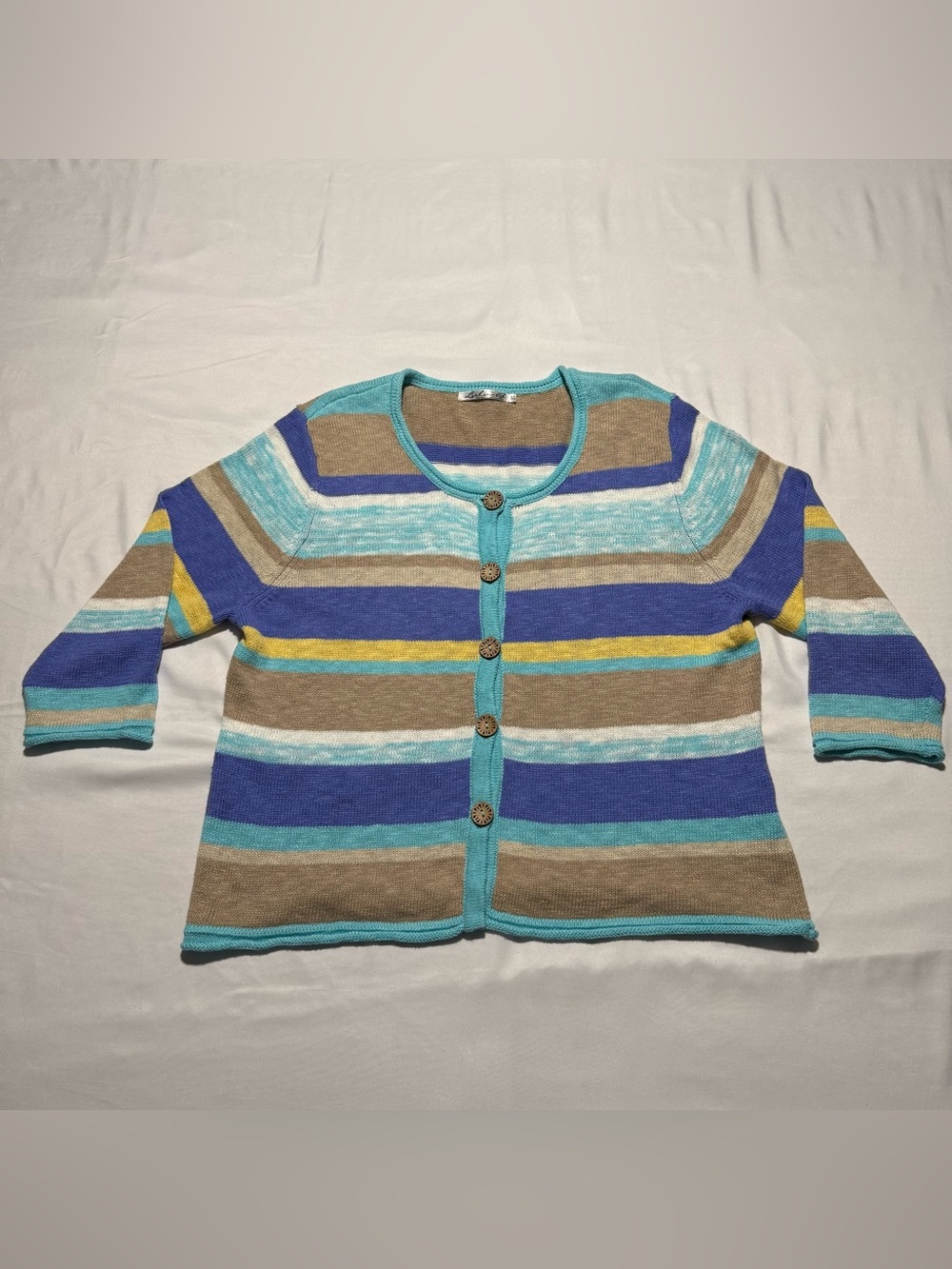 Lulu B Women’s XL Striped Knit Cardigan Sweater Blue Tan Yellow 100% Cotton